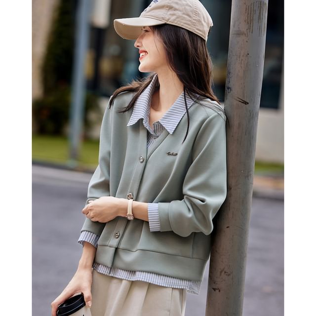 Jeonseon-Mock Two-Piece Collared Striped Panel Button-Up Jacket
