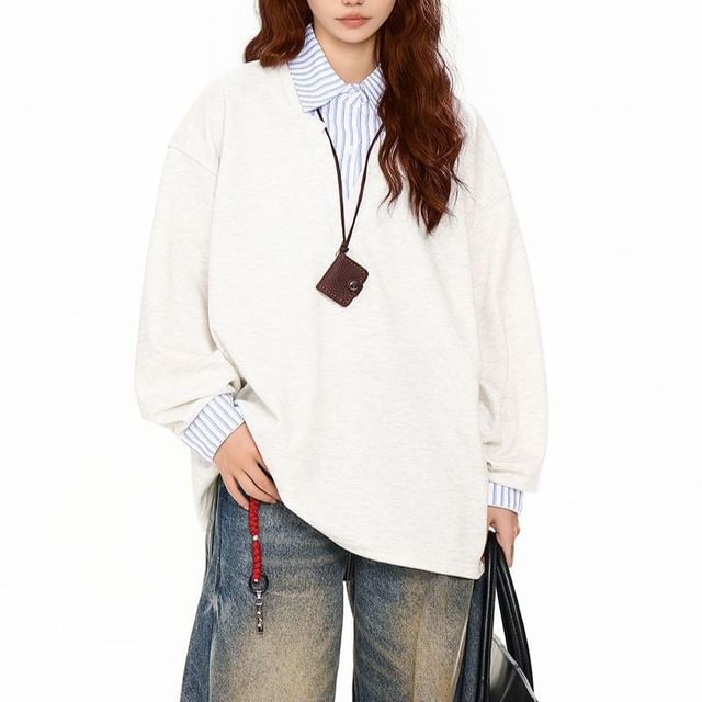 Jeonseon-Mock Two-Piece Collared Striped Panel Sweatshirt