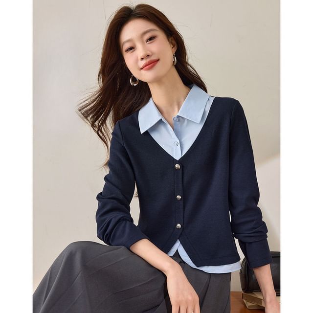 Jeonseon-Mock Two-Piece Collared Two Tone Button-Up Jacket
