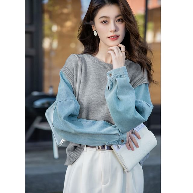 Jeonseon-Mock Two-Piece Crew Neck Denim Panel Sweater