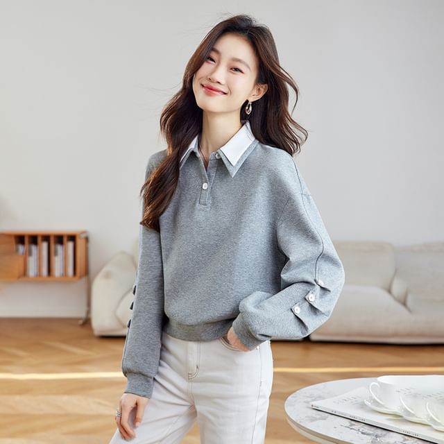 Jeonseon-Mock Two-Piece Layered Collar Ruched Sweatshirt