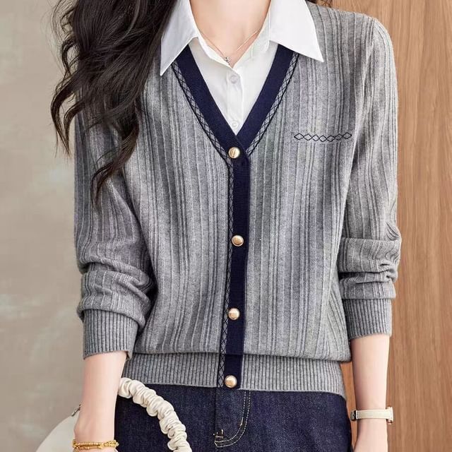 Jeonseon-Mock Two-Piece Long-Sleeve Collared Knit Top