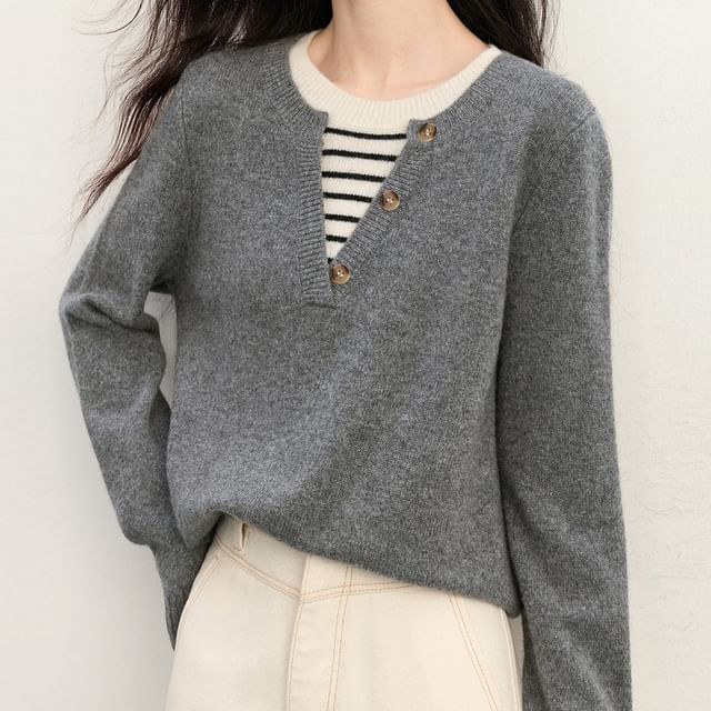 Jeonseon-Mock Two-Piece Long-Sleeve Half Buttoned Striped Panel Knit Top