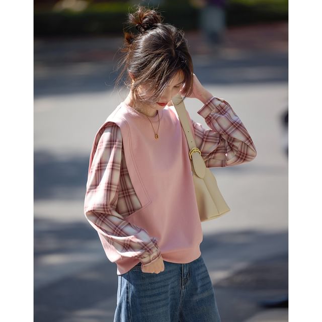 Jeonseon-Mock Two-Piece Long-Sleeve Round Neck Plaid Panel Pullover