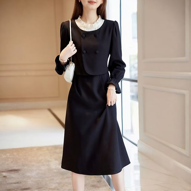 Jeonseon-Mock Two-Piece Long-Sleeve Two Tone Double-Breasted Midi A-Line Dress