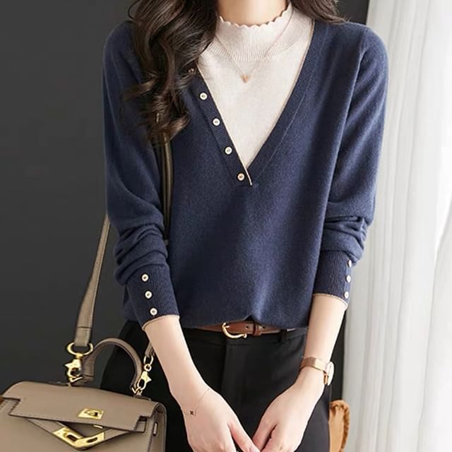 Jeonseon-Mock Two-Piece Mock Neck Two Tone Button Accent Sweater