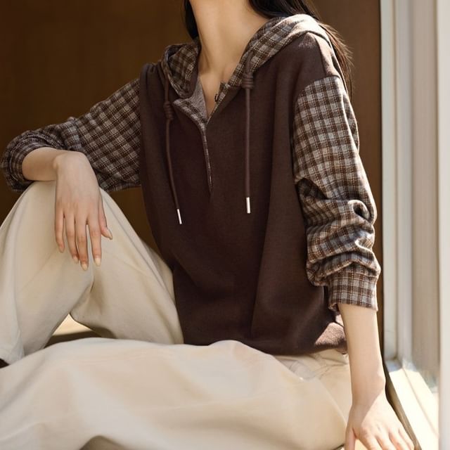 Jeonseon-Mock Two-Piece Plaid Panel Hoodie