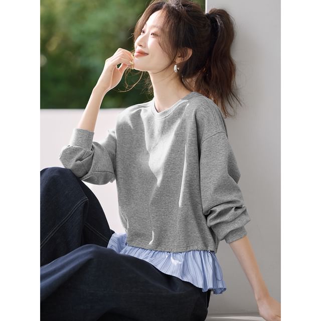 Jeonseon-Mock Two-Piece Round Neck Striped Panel Pullover