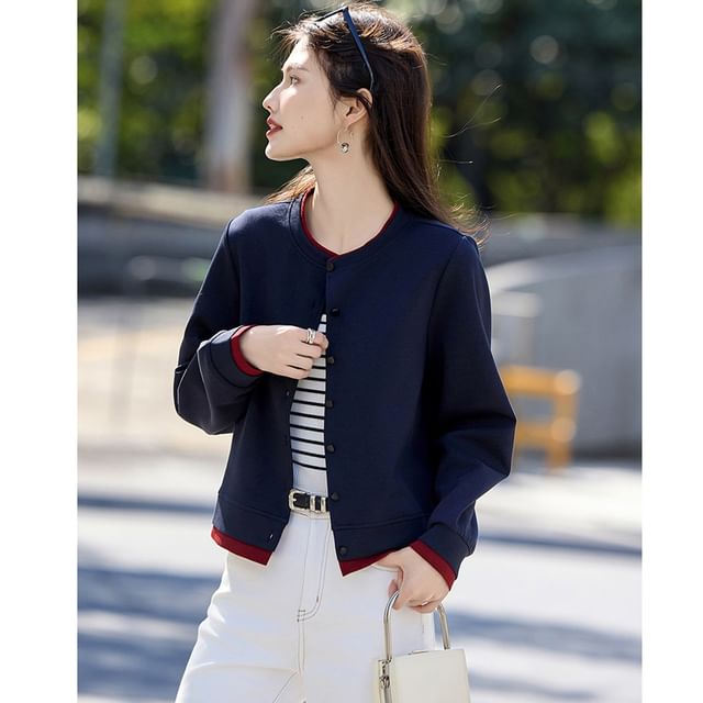 Jeonseon-Mock Two-Piece Round Neck Two Tone Button Jacket