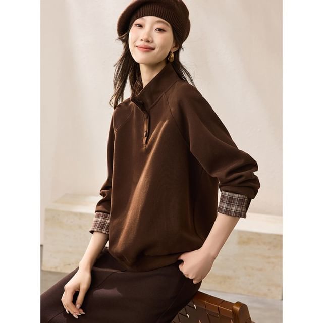 Jeonseon-Mock Two-Piece Stand Collar Plaid Panel Pullover