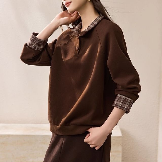 Jeonseon-Mock Two-Piece Stand Collar Plaid Panel Sweatshirt