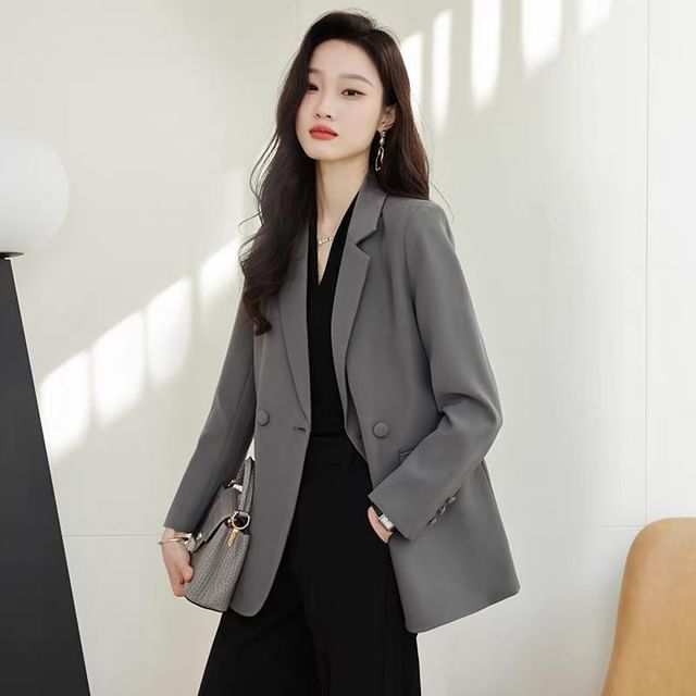 Jeonseon-Notch Lapel Double-Breasted Plain Blazer