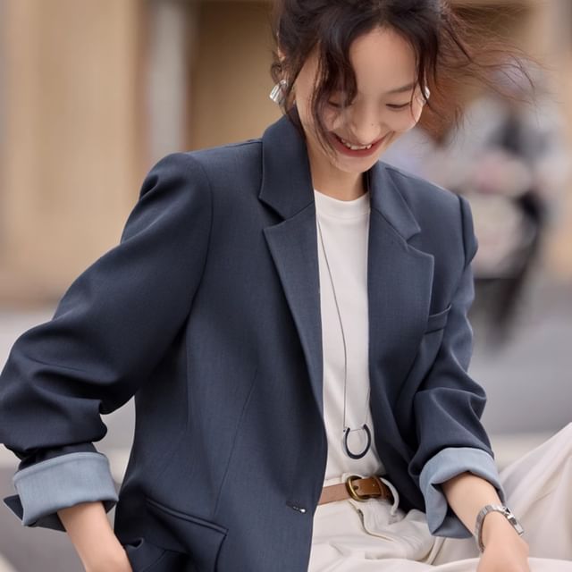 Jeonseon-Notch Lapel Plain Single Breasted Blazer
