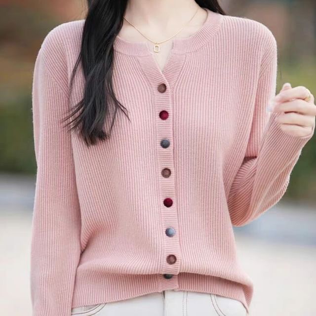 Jeonseon-Notch Neck Plain Button Up Cardigan