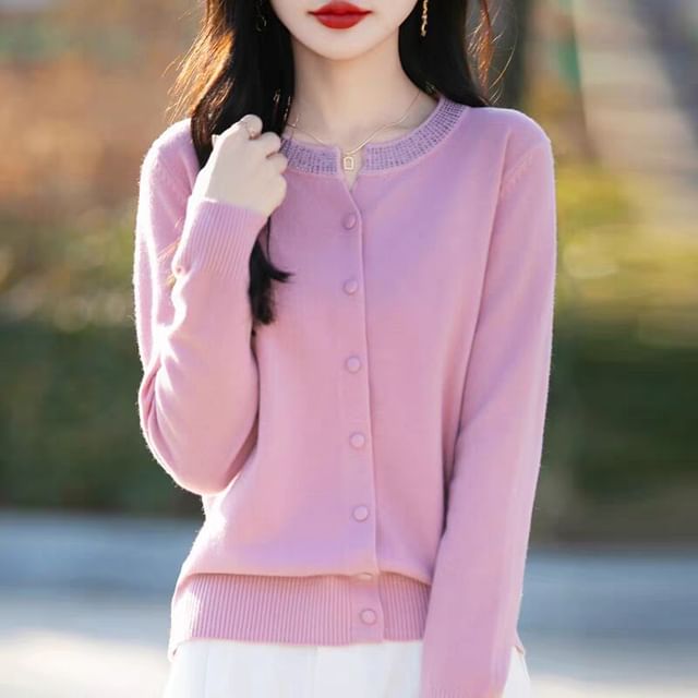 Jeonseon-Notch Neck Rhinestone Accent Button-Up Cardigan