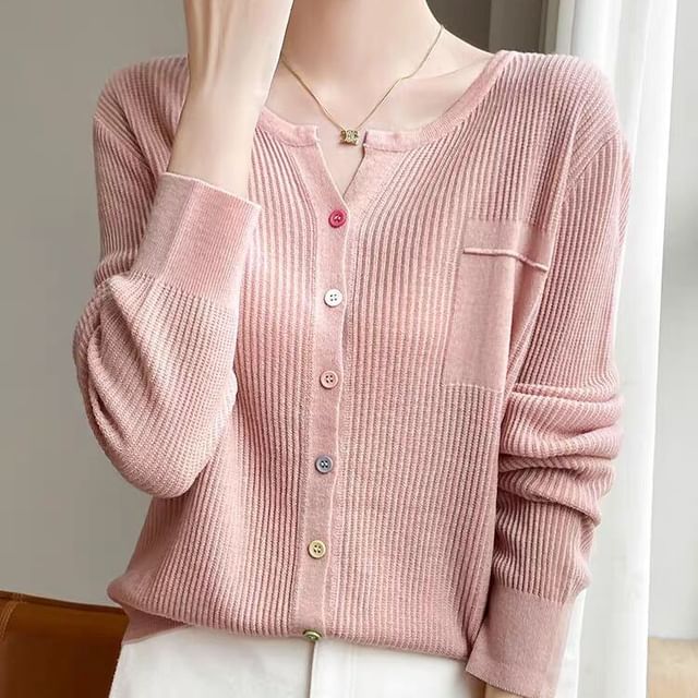 Jeonseon-Notch Neck Ribbed Cardigan