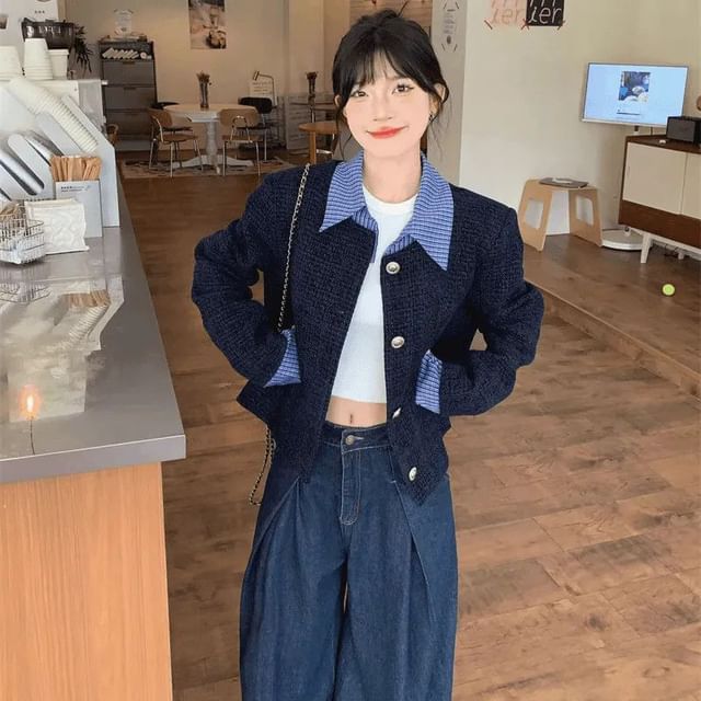 Jeonseon-Plaid Panel Tweed Tweed Button Up Jacket