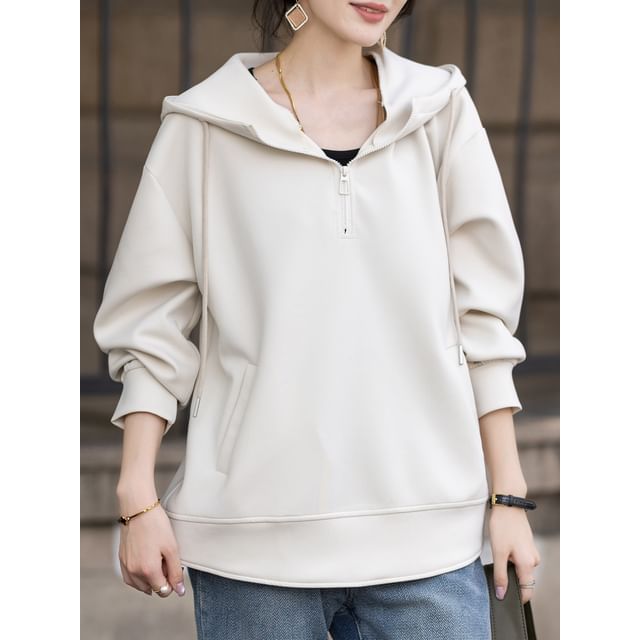 Jeonseon-Plain Drawstring Half-Zip Hoodie