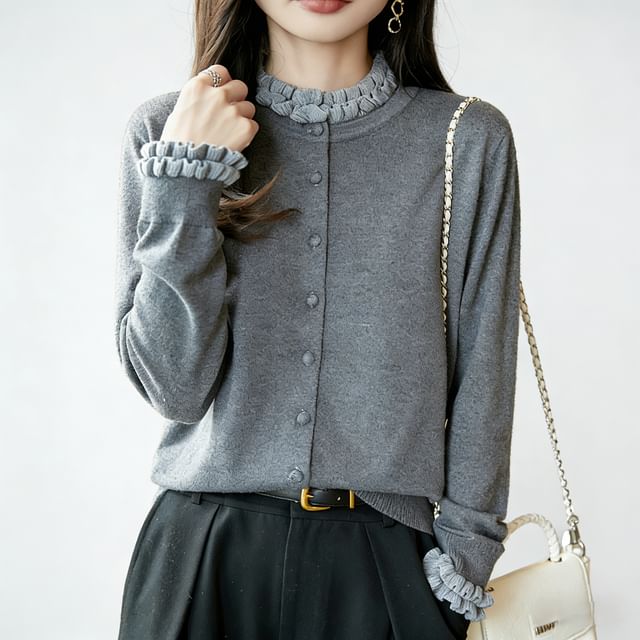 Jeonseon-Plain Ruffle Trim Button-Up Cardigan