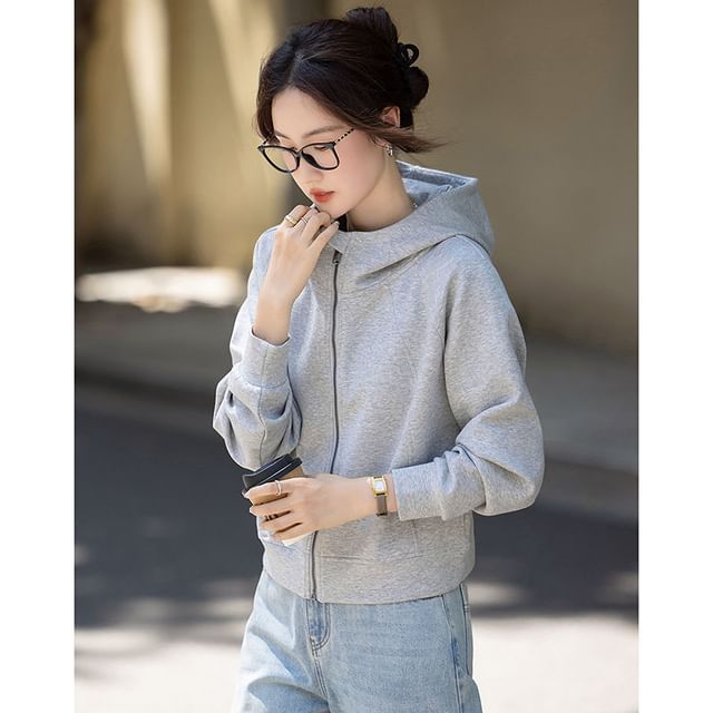 Jeonseon-Plain Zip-Up Crop Hoodie