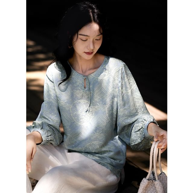 Jeonseon-Puff-Sleeve Jacquard Blouse