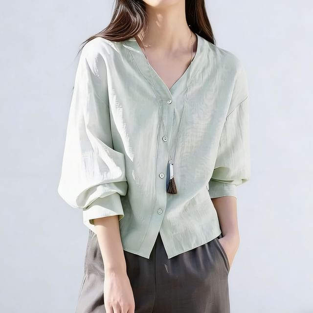 Jeonseon-Puff-Sleeve V-Neck Plain Button-Up Blouse