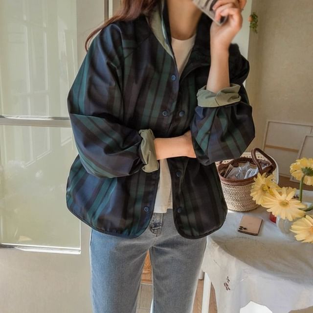Jeonseon-Reversible Stand Collar Plaid Button-Up Trench Jacket