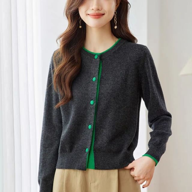 Jeonseon-Round Neck Contrast Trim Cardigan