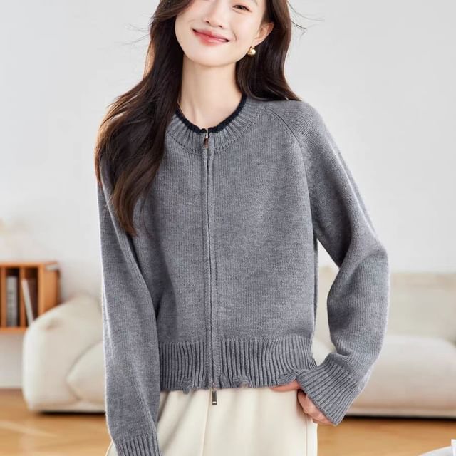 Jeonseon-Round Neck Contrast Trim Zip Cardigan