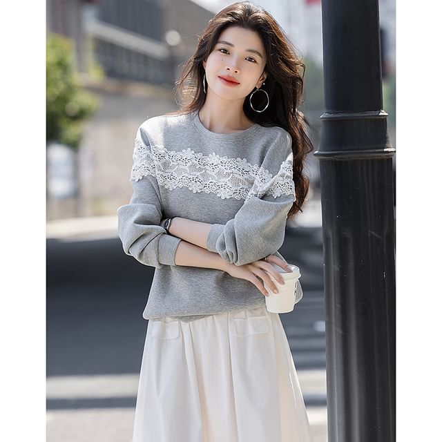 Jeonseon-Round Neck Drop Shoulder Lace Panel Sweatshirt