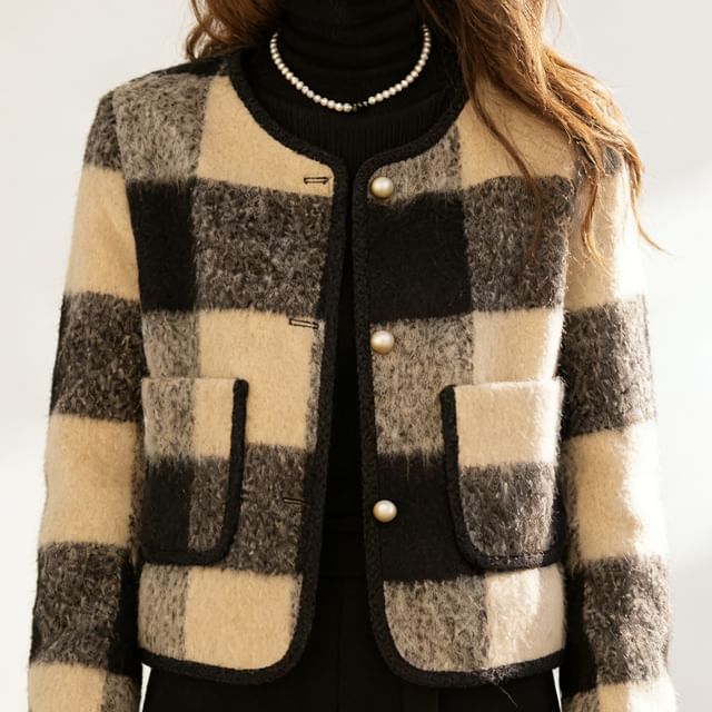 Jeonseon-Round Neck Gingham Button Up Jacket