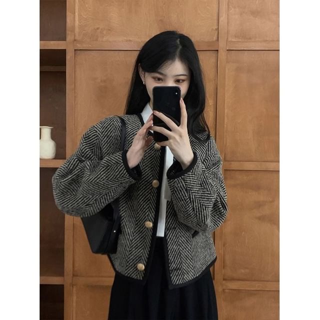Jeonseon-Round Neck Herringbone Button Jacket