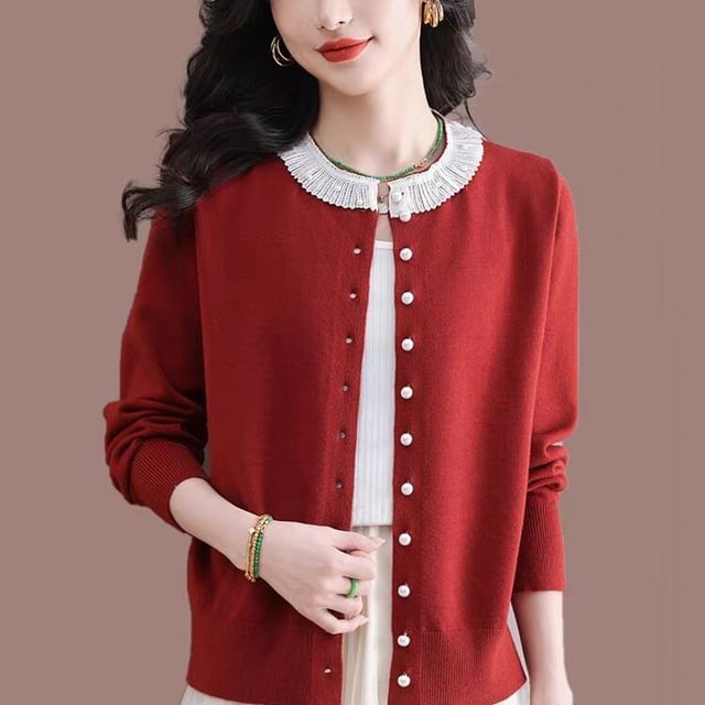 Jeonseon-Round Neck Lace Trim Button Up Cardigan