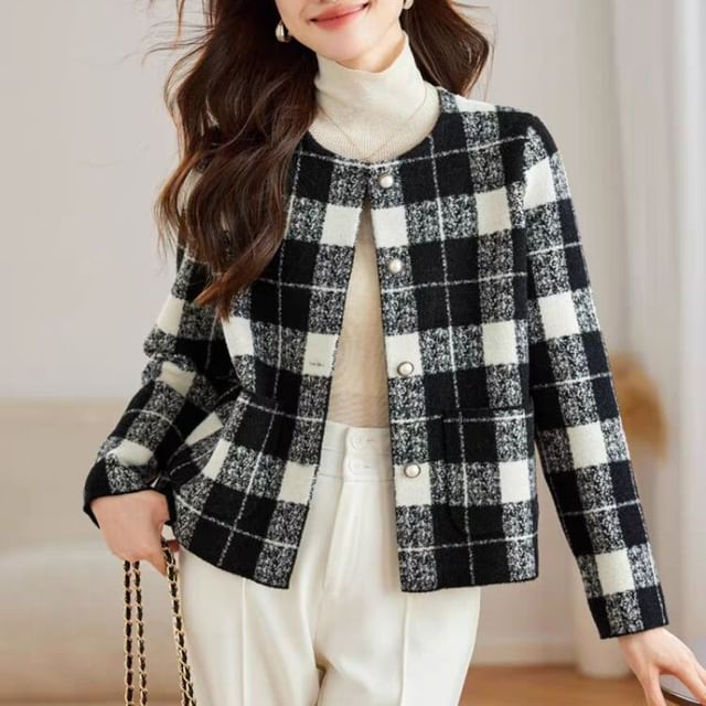 Jeonseon-Round Neck Plaid Button Up Jacket
