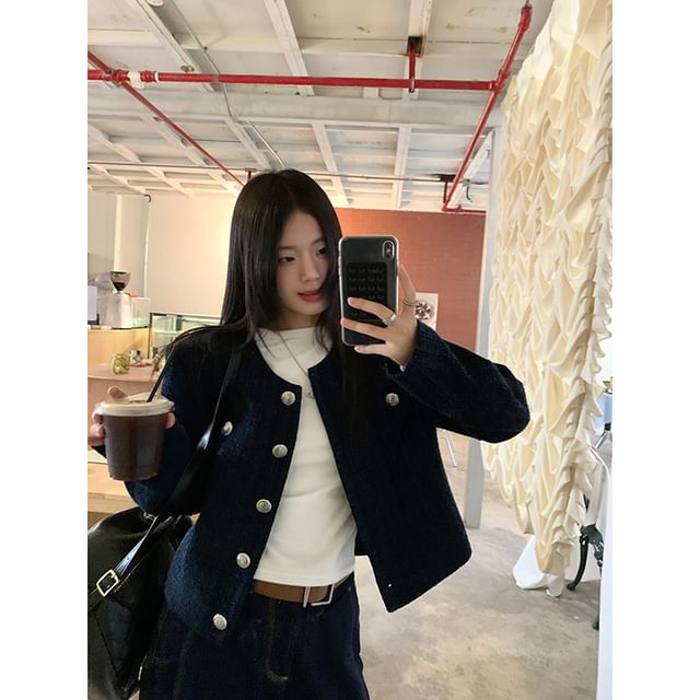 Jeonseon-Round Neck Plain Button Jacket
