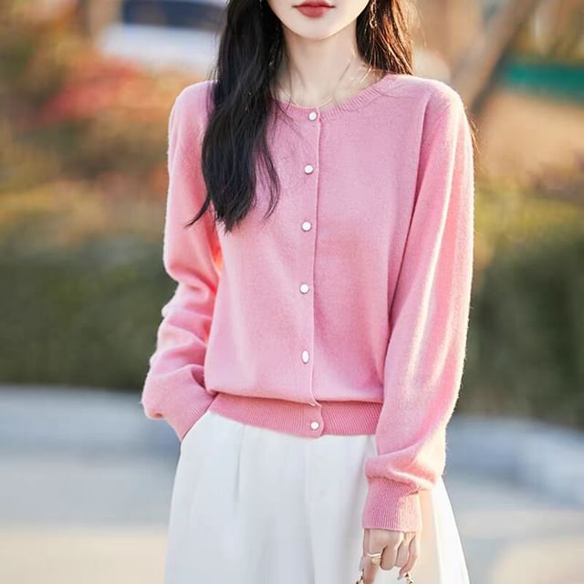 Jeonseon-Round Neck Plain Button Up Cardigan
