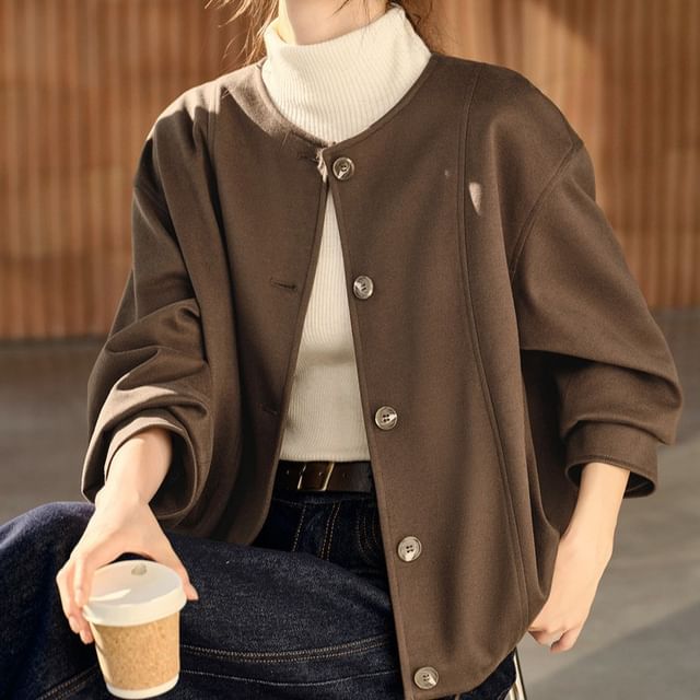Jeonseon-Round Neck Plain Button Up Jacket