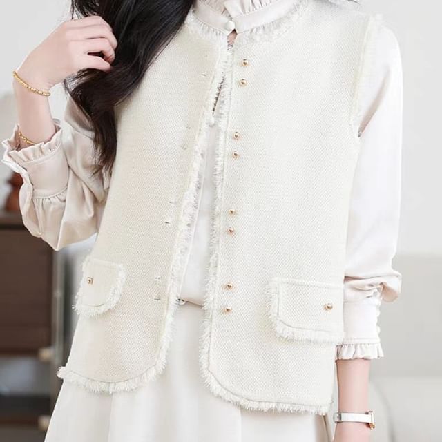Jeonseon-Round Neck Plain Button Up Sweater Vest