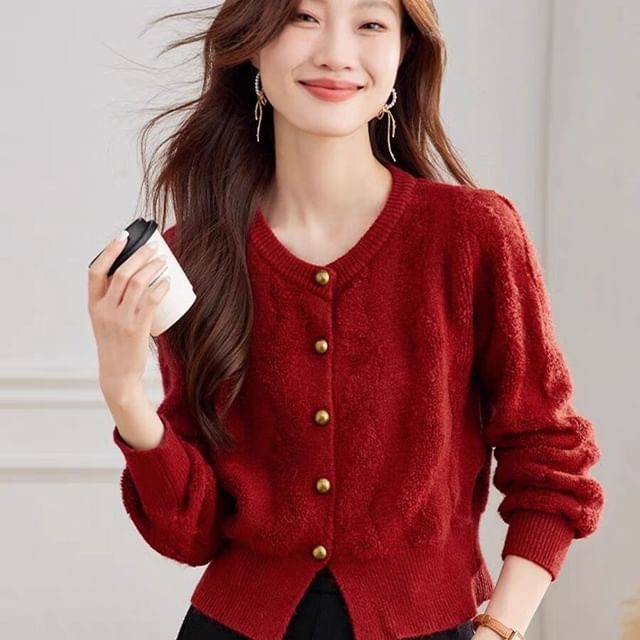 Jeonseon-Round Neck Plain Cropped Cardigan