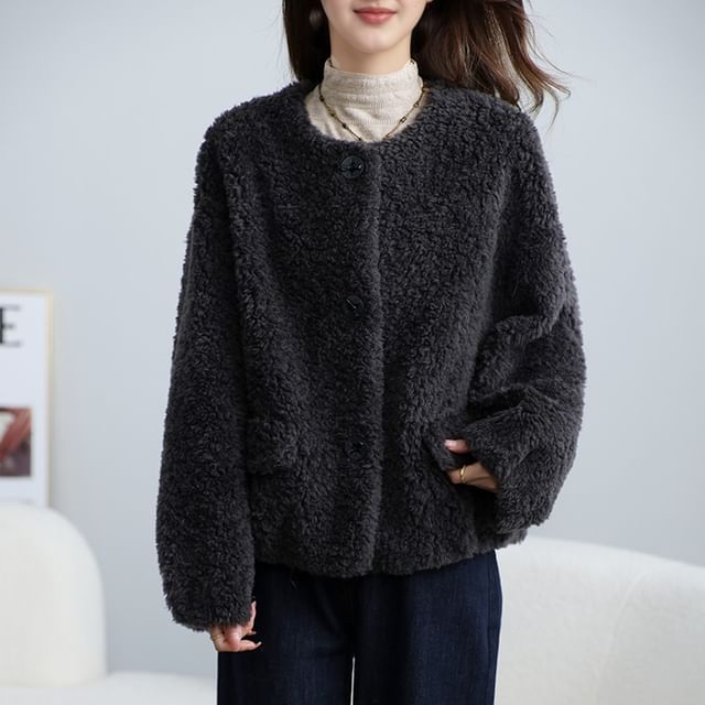 Jeonseon-Round Neck Plain Fleece Button Up Jacket