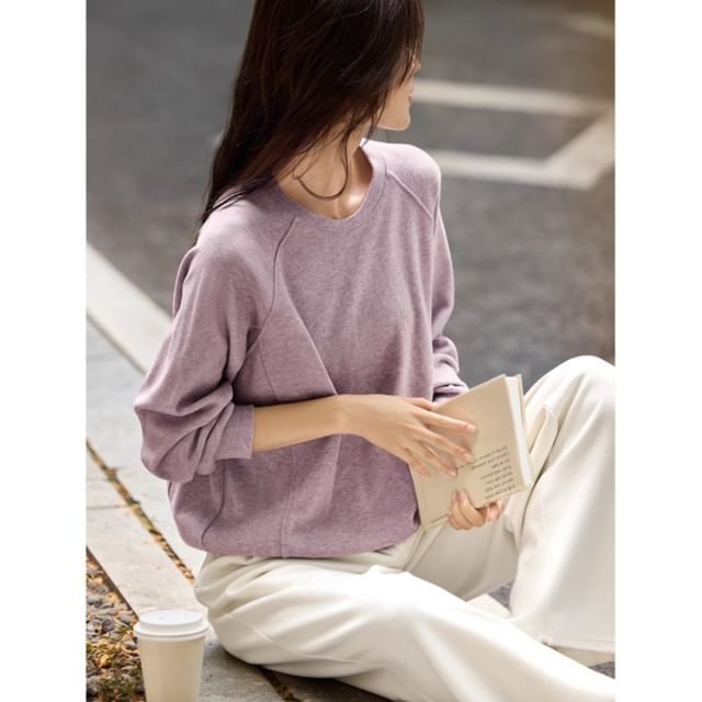 Jeonseon-Round Neck Plain Oversized Sweatshirt
