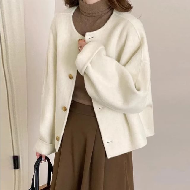 Jeonseon-Round Neck Plain Single Breasted Jacket