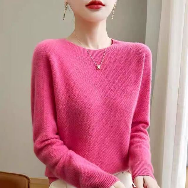 Jeonseon-Round Neck Plain Sweater