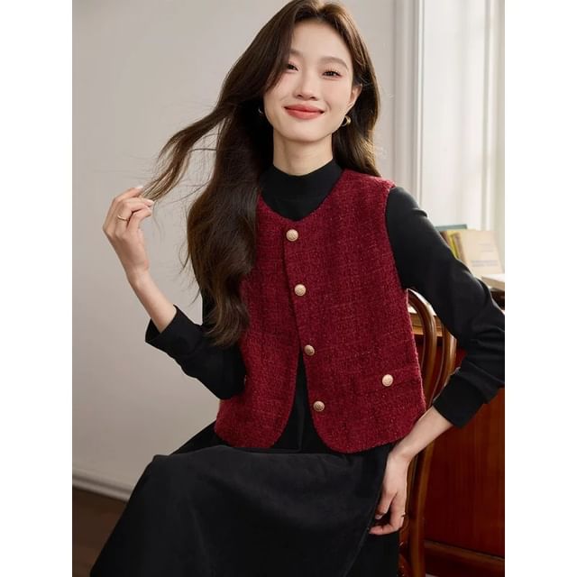 Jeonseon-Round Neck Plain Tweed Button Vest