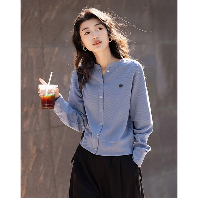 Jeonseon-Round Neck Plain Waffle Button Jacket