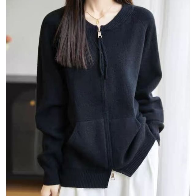 Jeonseon-Round Neck Plain Zip Cardigan