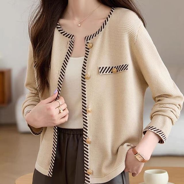 Jeonseon-Round Neck Striped Button Up Cardigan