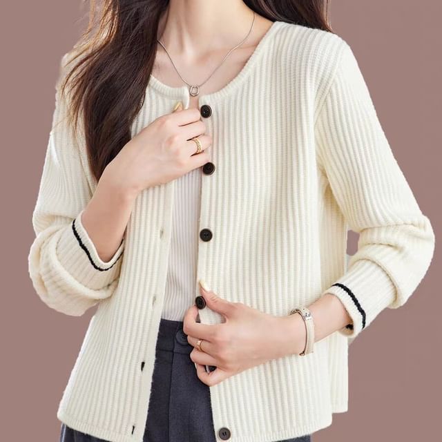 Jeonseon-Round Neck Striped Ribbed Cardigan