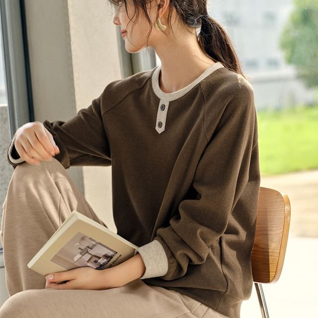 Jeonseon-Round Neck Two Tone Button Pullover