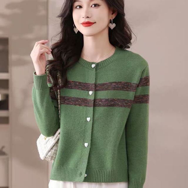 Jeonseon-Round Neck Two Tone Cardigan